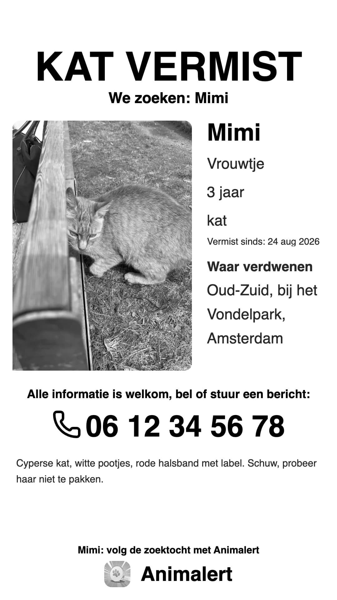 Zwart-witte poster vermiste kat voor de printer thuis