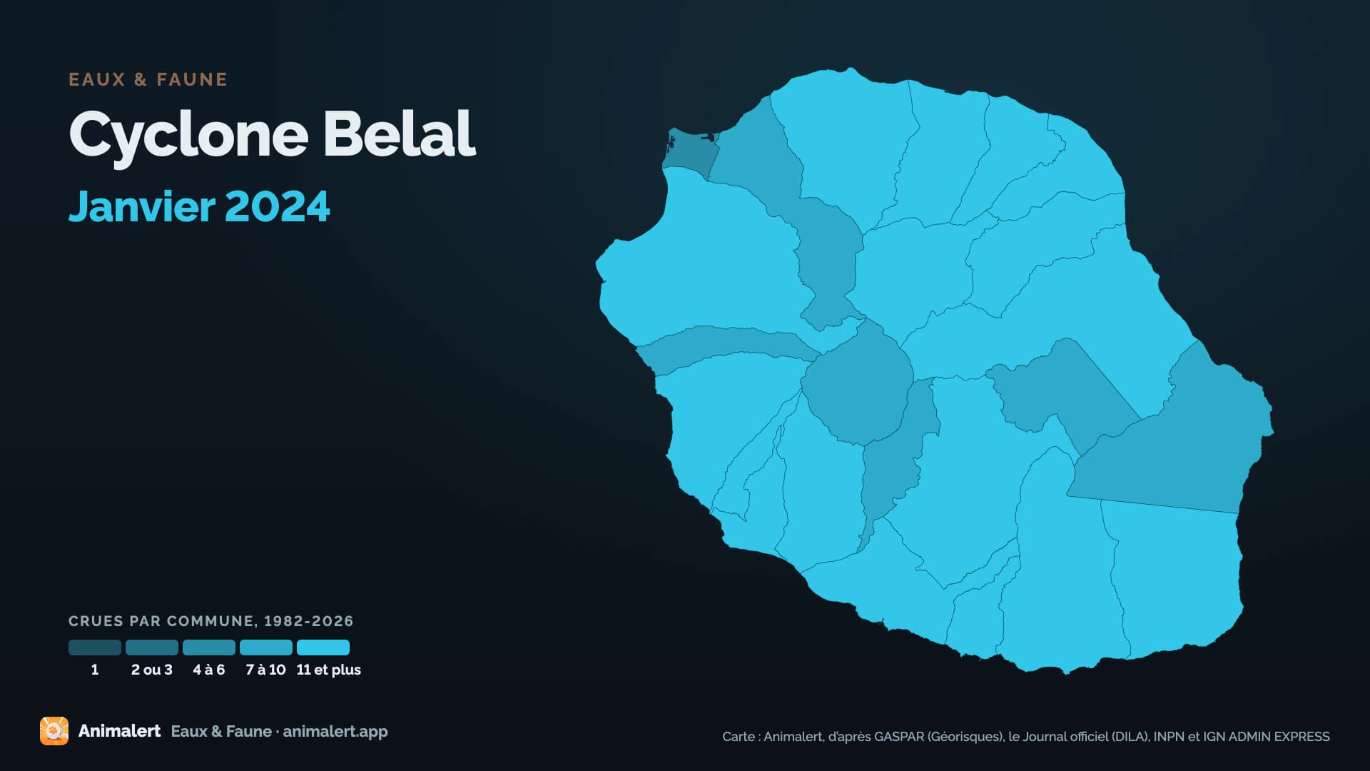 Carte : Cyclone Belal (janvier 2024). Les communes reconnues pour cette crue, colorées selon leur nombre de crues de 1982 à 2026, les sites Natura 2000 en corail.