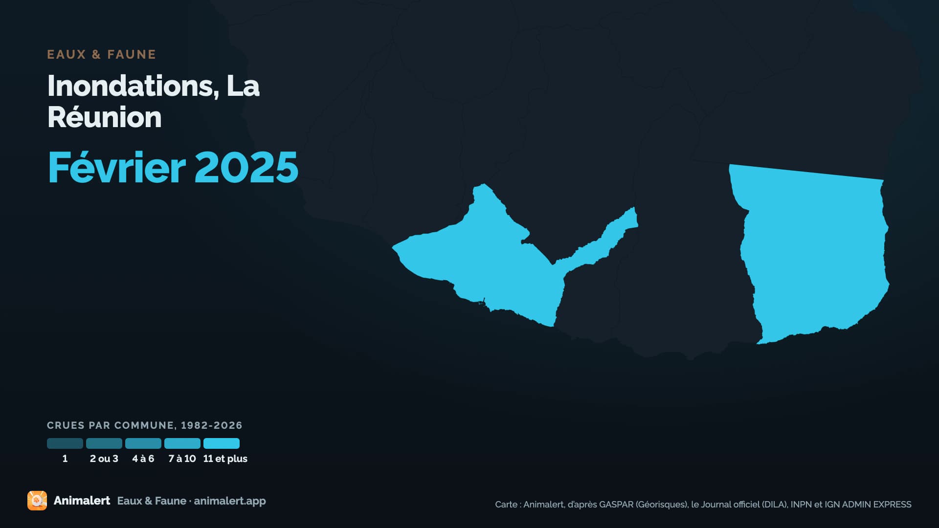 Carte : Inondations, La Réunion, février 2025. Les communes reconnues pour cette crue, colorées selon leur nombre de crues de 1982 à 2026, les sites Natura 2000 en corail.